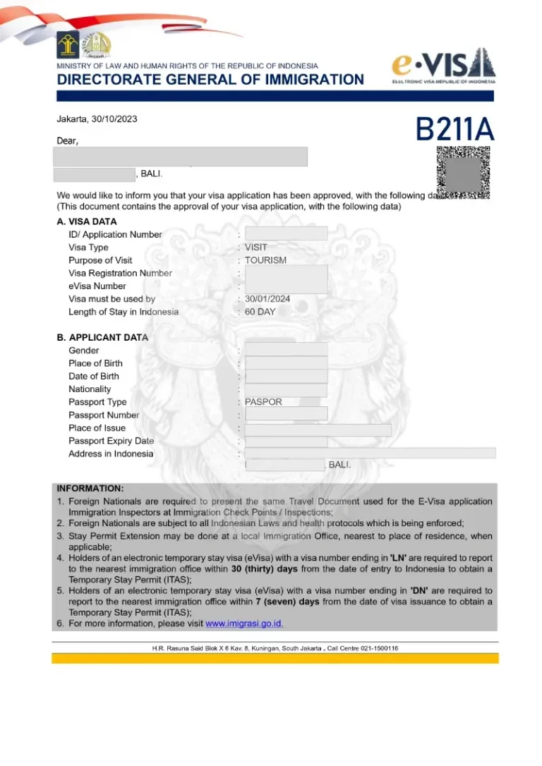 B211A Bali Offshore Tourist Visa Example